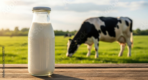 Fresh milk in a glass bottle on wooden table with blurred grazing cow in sunny pasture background. Natural farm life, wholesome dairy and rural simplicity concept.