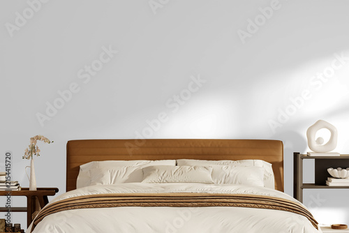 Organic Modern Bedroom Wall Mockup PNG with Upholstered Bed and Decorative Shelving, Transparent Background, Soft Shadows