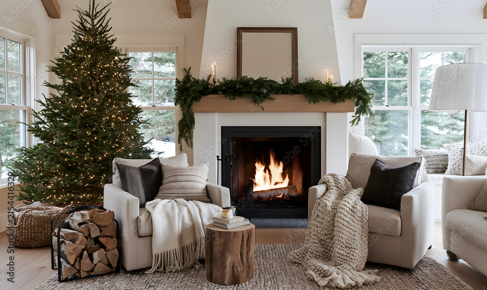 Fototapeta premium cozy winter living room with a fireplace, white walls, and neutral decorations, featuring comfortable armchairs with soft blankets, a wood stack, and a Christmas tree