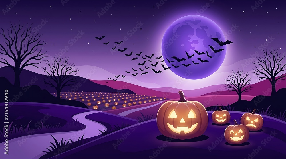 Fototapeta premium Halloween night landscape with glowing pumpkins, flying bats, and a large full moon in a purple sky