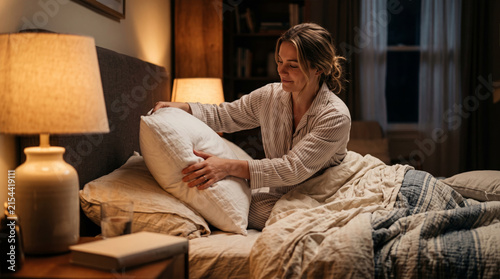 Woman in pajamas fluffing pillow in cozy bedroom at night