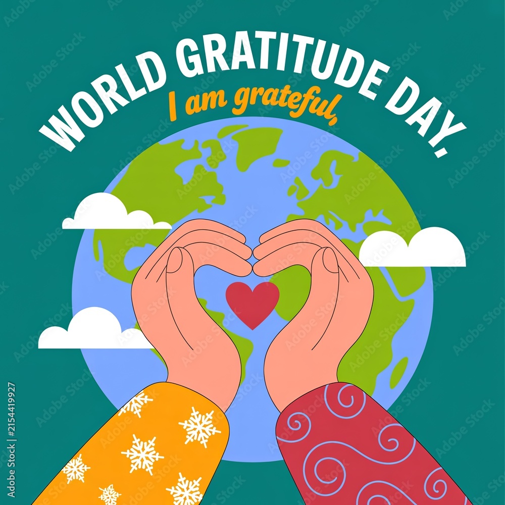 Naklejka premium Hands forming a heart shape over the planet Earth celebrate World Gratitude Day with a message of appreciation.