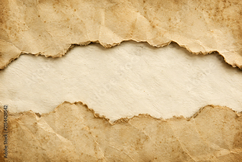 Vintage torn paper background, antique parchment with ripped edges, weathered tan paper frame for scrapbooking and design