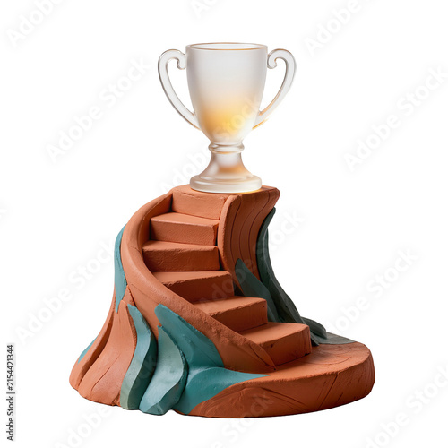 Glowing Trophy on Curved Staircase Symbolizing Success