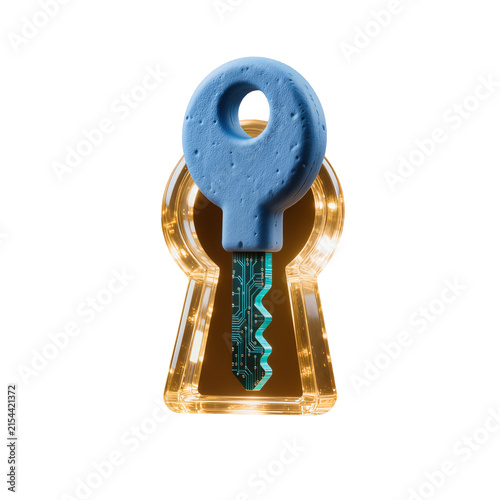 Futuristic Blue Key with Glowing Digital Keyhole