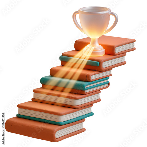 Glowing Trophy on Staircase of Colorful Books