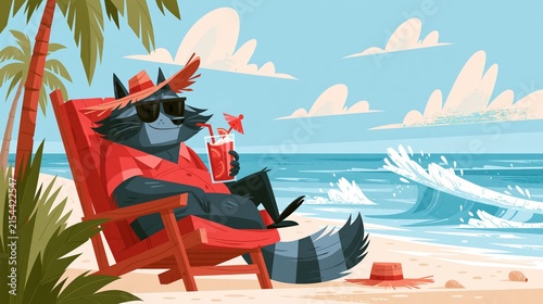 A cartoon raccoon relaxes in a beach chair with a drink.