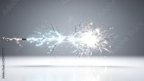 Sparkling electric discharge flows through a branching metallic structure, illuminating the scene with bright flashes and dynamic energy in a minimalist setting