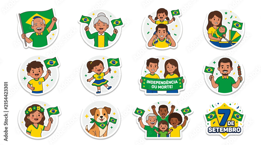 Obraz premium Set of Cute Cartoon Brazilian Independence Day Stickers