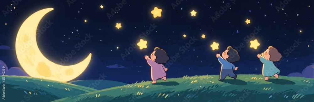 Fototapeta premium Children reach for glowing stars under a big moon on a grassy hill. Whimsical night scene, dreamlike fantasy, creative imagination, cosmic wonder, joyful innocence, celestial beauty, artistic vibe.