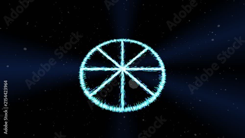 Abstract Digital Energy Wheel Forming from Glowing Particles in Dark Space.