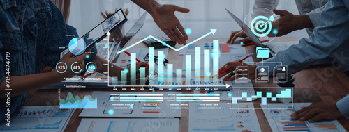 Foto Hands Collaborating on Business Strategy with Graphs, Charts, and Digital Data Visuals in Modern Workspace Haptic