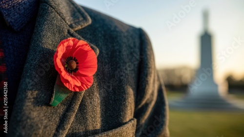 Person wearing charcoal wool coat with red poppy pin standing at military memorial cenotaph during sunset remembrance Remembrance Day