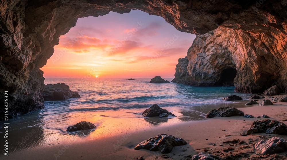 Fototapeta premium Sunset view from inside rocky coastal cave looking out to ocean. Golden sun shines over sea waves, sandy beach. Pink, orange clouds fill sky above calm water. Beautiful tropical landscape at dusk