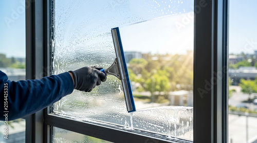 Worker in gloves using professional window squeegee scraper wiper tool to clear water off exterior glass window pane