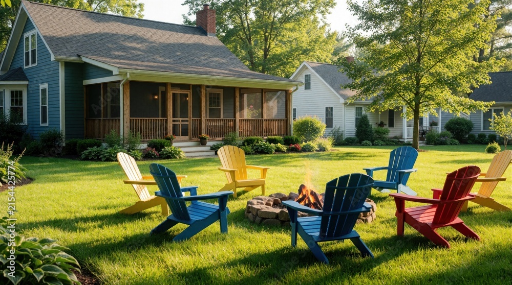 Fototapeta premium Modern suburban farmhouse with large green lawn, colorful Adirondack chairs around stone fire pit. Beautiful residential backyard features luxury outdoor living space. Family home exterior with