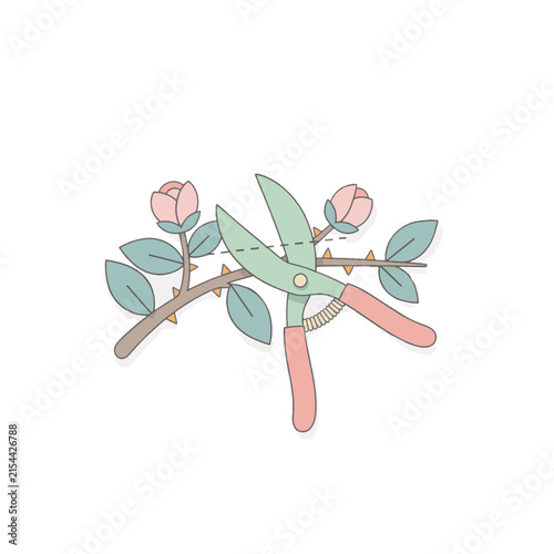 Pruning shears cutting rose bush branches with pink flowers
