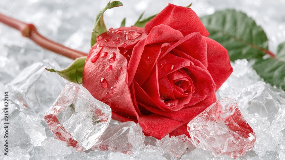 Fototapeta premium Vivid red rose rests among glistening ice shards.