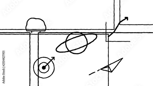 Hand drawn animation showing a planet and a rocket ship flying through space.