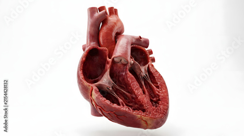 Anatomical human heart showing internal chambers and muscular structure with cardiovascula