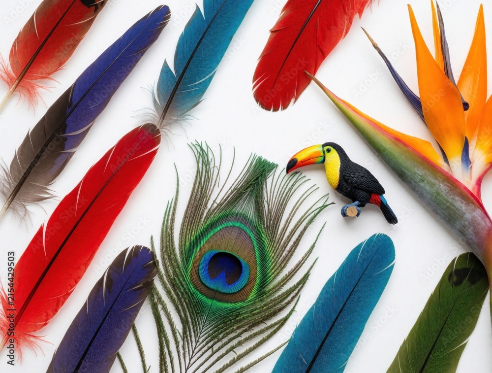 Obraz premium Colorful bird feathers and toucan figure lay on white surface with tropical flower. Exotic nature composition with vibrant plumage and jungle bird toy.