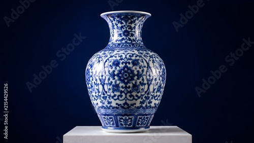 Blue and white porcelain vase with floral pattern on pedestal