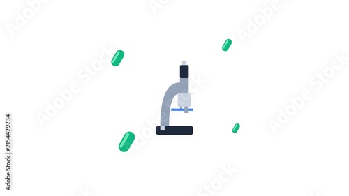 Animated Microscope with Floating Green Capsules for Scientific Research and Medical Education.