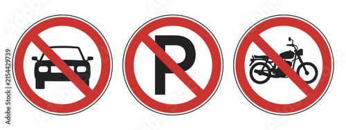 No Parking Signs, vector illustrations featuring no car parking and no bike parking symbols, representing traffic regulations, road safety, restricted parking, and public transportation rules.