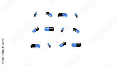 Floating Blue and Black Medical Capsules on White Background.