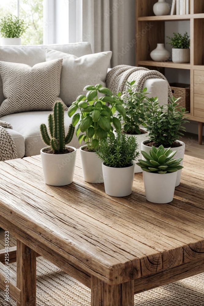 Fototapeta premium Wooden table with potted plants sits in cozy living room with sofa and bookshelf. Natural light fills room creating serene atmosphere. Home decor brings botanical touch inside.