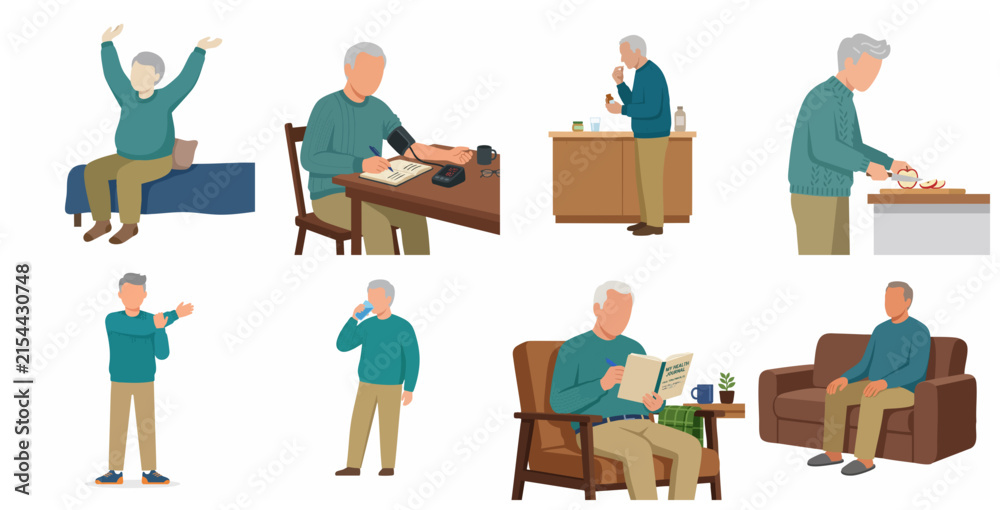 Fototapeta premium Senior Man Daily Healthy Routine and Wellness Activities Flat Vector Illustration Set