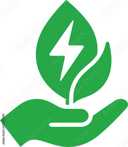 Green Hand Holding Leaf with Lightning Bolt Symbol for Renewable Energy Concept and Eco and Sustainable and Environment