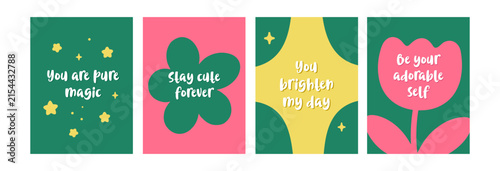 Set of four colorful retro inspired motivational cards with cute flowers, stars and positive quotes. Perfect for postcards, posters, social media, stationery and uplifting designs. Positive Messages.