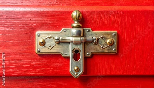 Close up of vintage brass door latch on red door.