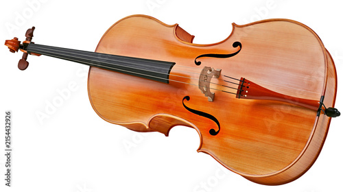 Wooden cello with four strings and f-holes, isolated on transparent background