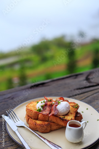 French Toast with Bacon and Poached Eggs for Breakfast