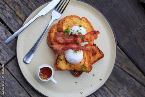 French Toast with Bacon and Poached Eggs for Breakfast