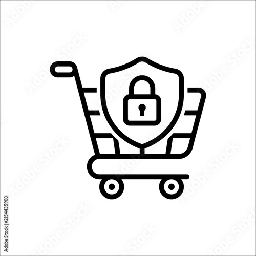 Secure Online Shopping Cart with Lock Shield Line Icon