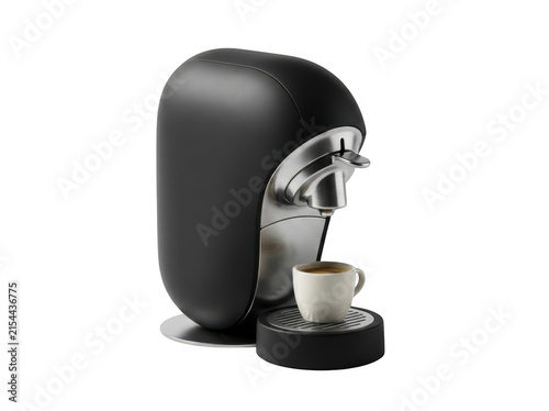A black capsule coffee machine with a small white cup placed on the drip tray, brewing a fresh cup of espresso on a white background isolated on a transparent background