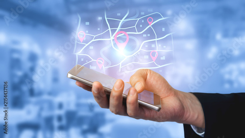 Concept of location tracking and GPS navigation. Map with pins marking a destination and points of interest for travel, delivery routes, or finding a specific address. Fermion