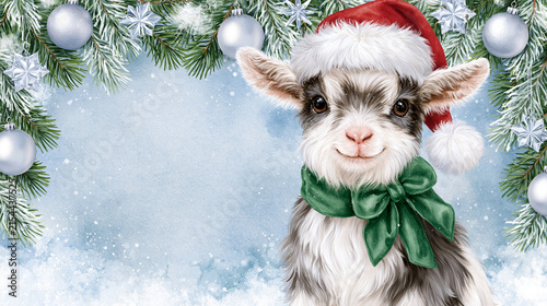 adorable fluffy baby goat wearing a Santa hat and a green velvet ribbon, placed on the right side, watercolor festive illustration, icy light blue background with snowy watercolor