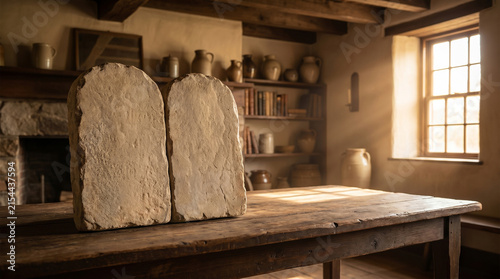 Two Stone Tablets Resting on Rustic Wooden Table in Sunlit Room