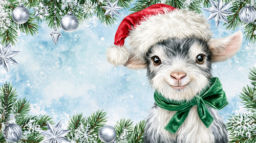 adorable fluffy baby goat wearing a Santa hat and a green velvet ribbon, placed on the right side, watercolor festive illustration, icy light blue background with snowy watercolor