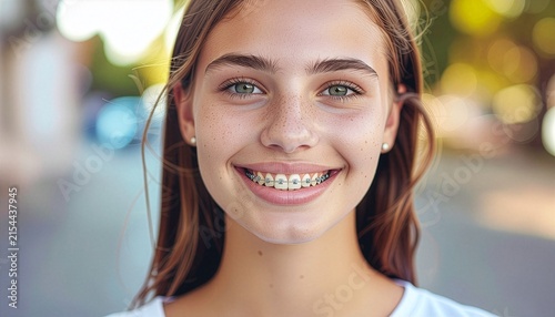 Close-up view of the mouth of a woman wearing braces.