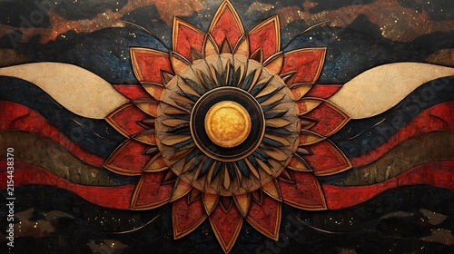Vibrant red and gold lotus mandala art with intricate petal patterns on dark textured background