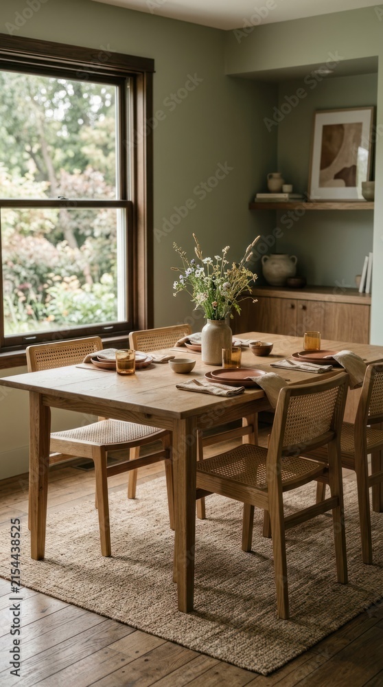 Fototapeta premium Cozy Dining Room with Wooden Table and Chairs Natural Light.