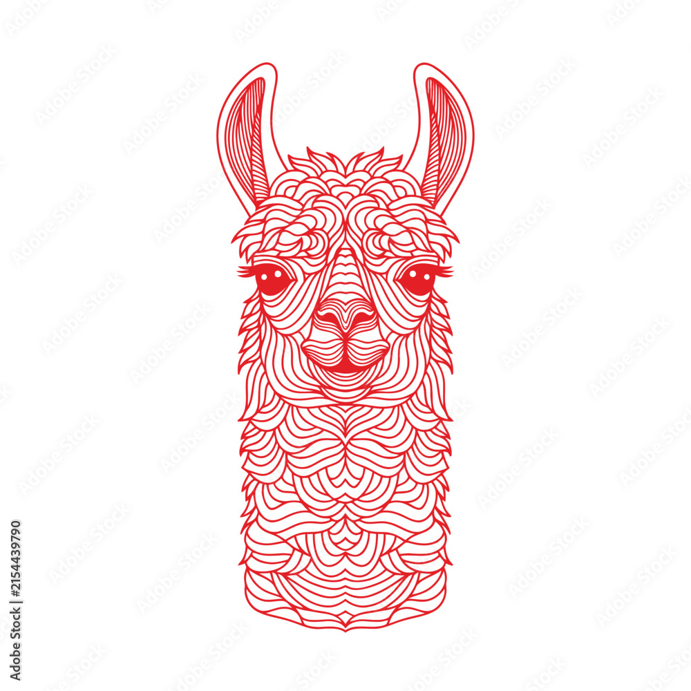 Obraz premium Ornate red line art illustration of a llama head.