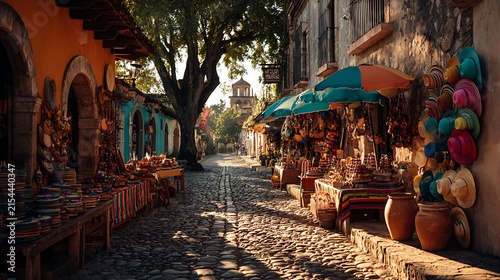 Colorful Mexican Market Street Scene with Handcrafted Goods