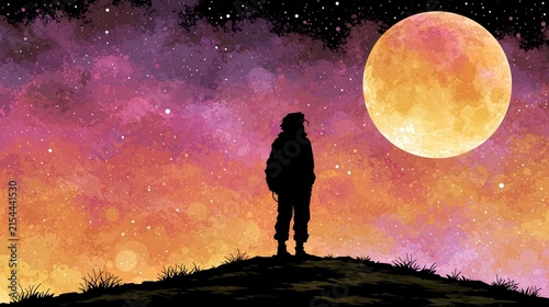 Lone individual silhouetted against a vibrant, starfilled sky with a large moon.