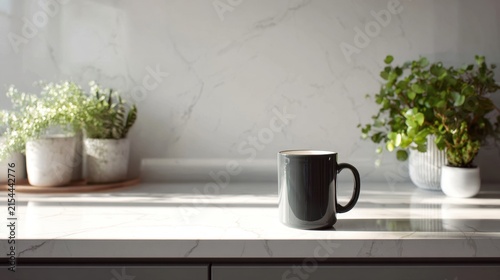 Minimalist Modern Kitchen Countertop Featuring a Dark Ceramic Coffee Mug Surrounded by Potted Green Plants and Elegant Marble Backsplash